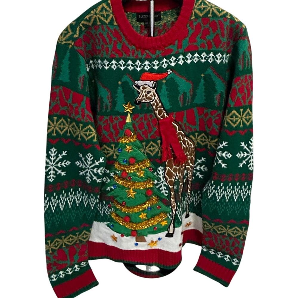 Blizzard Bay mens sz L 3D Christmas Sweater w/giraffe wearing Santa hat
